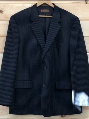 Tasso Elba Navy Pinstripe Wool Blazer Mens 46R 2 Button Suit Jacket Classic